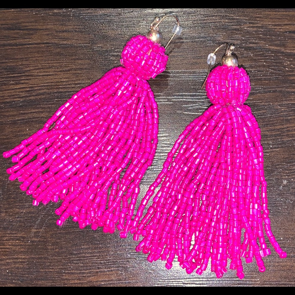 Hot Pink Beaded Tassel Earrings